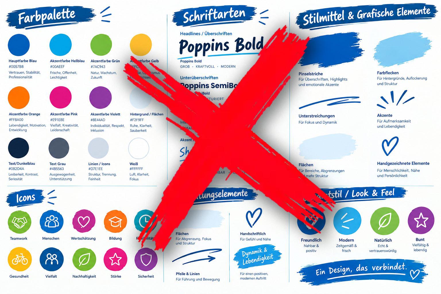 Überladener KI-Template-Styleguide: bunte Standard-Farbpalette, fünf Schriftarten, Clipart-Icons und Pinselstriche in einem Durcheinander